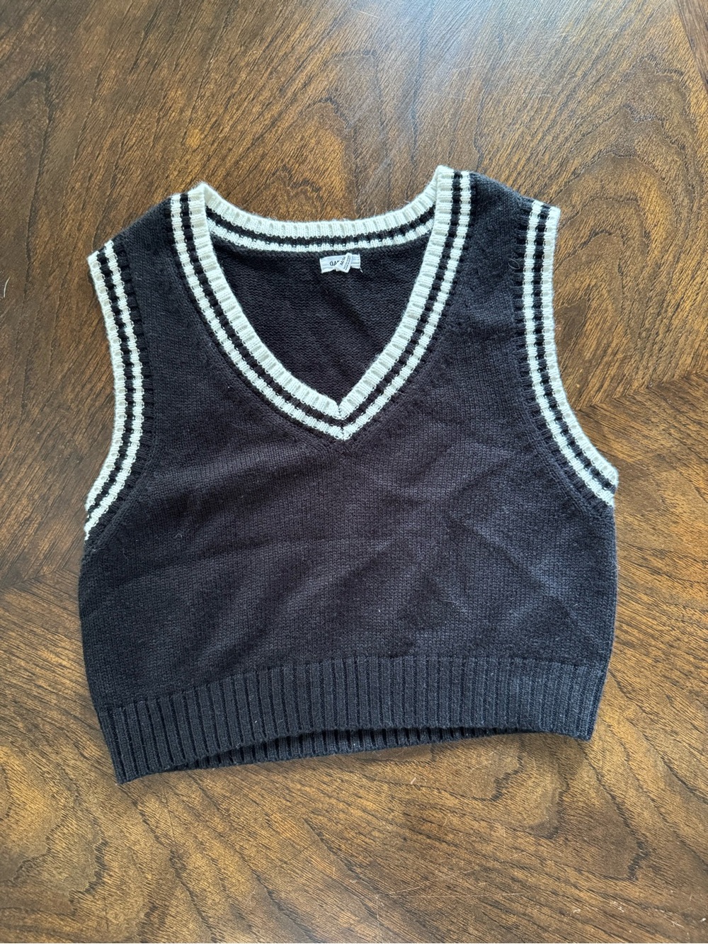 Garage Cropped Knit V-Neck Sweater Vest in Black with White Trim
